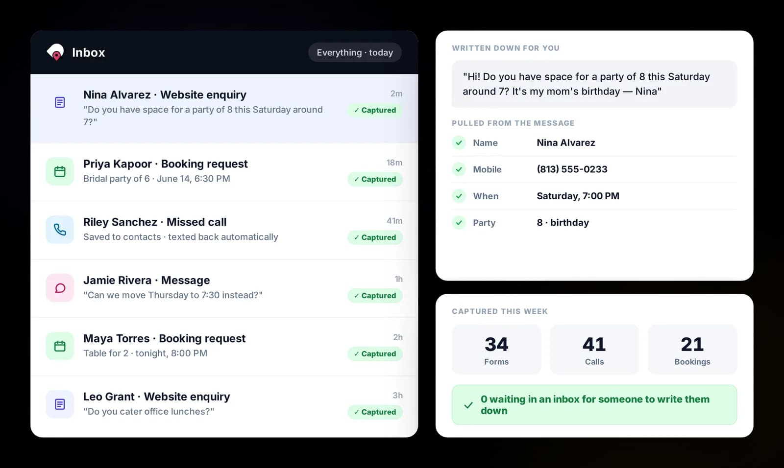 A website enquiry landing in the Droves customer list