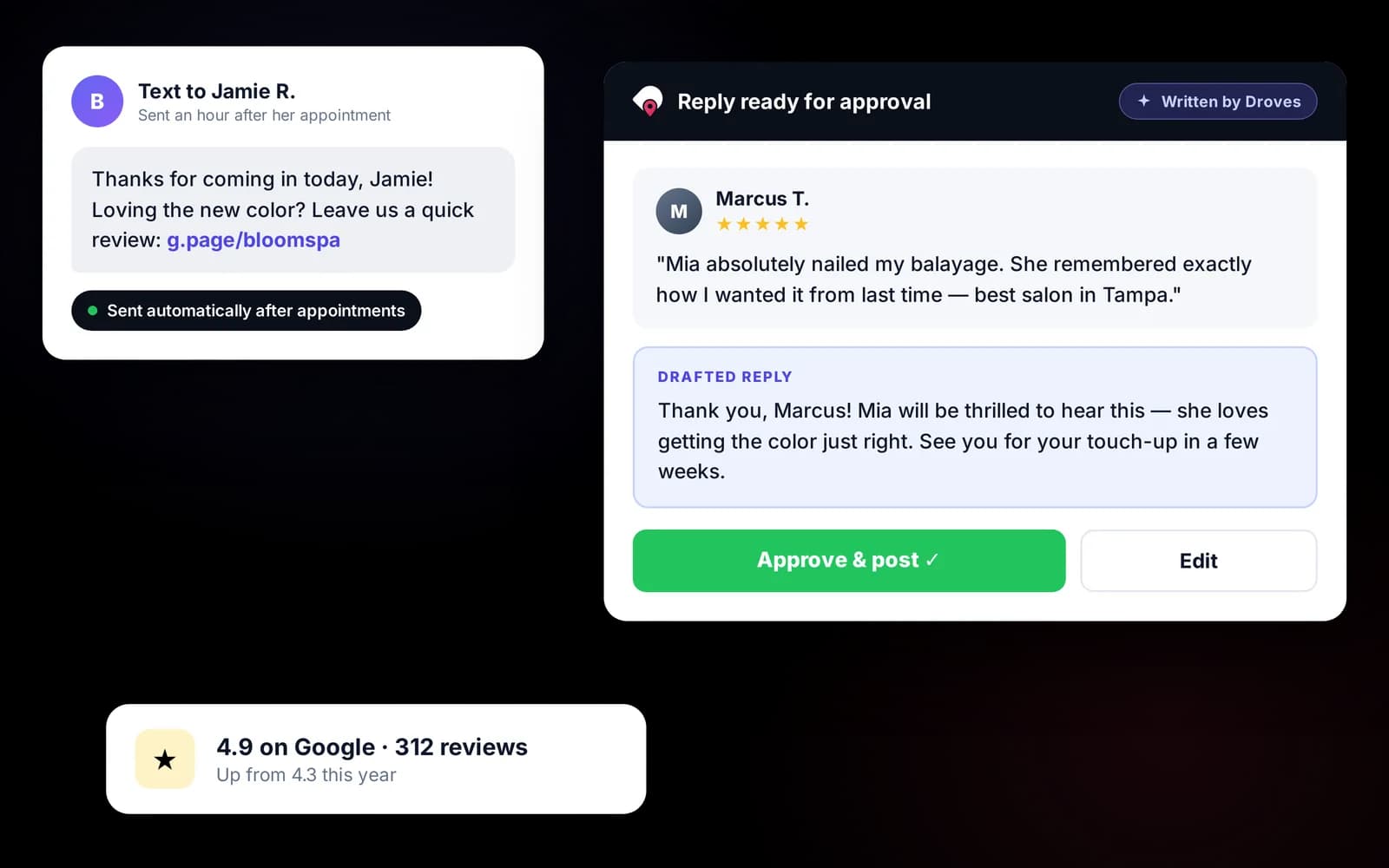 Review requests and drafted replies in Droves
